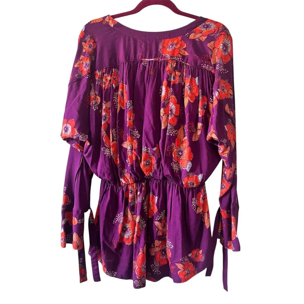 Free People Tuscan Dream Long Sleeve Tunic Boho Purple Floral Print Womens Small